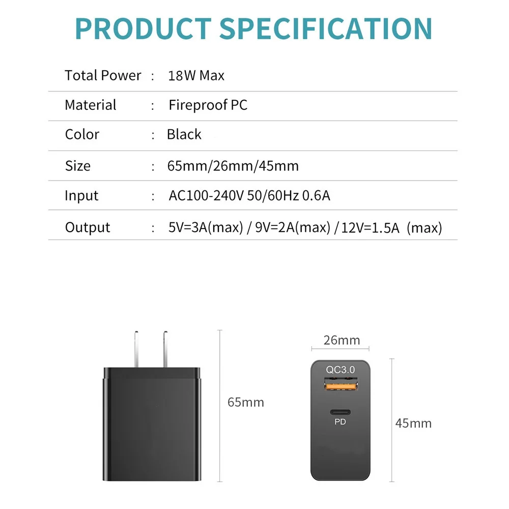 Сетевое зарядное устройство USB Type-C 18 Вт для Apple iPhone 13 12 11 Pro XR XS Max 8 Plus Samsung Huawei Xiaomi |