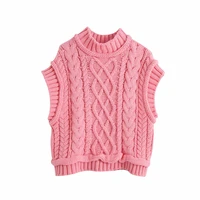 women casual za turtleneck pink knitted pullover vest 2020 autumn chic lady sleeveless sweaters girls cute knitted jumpers