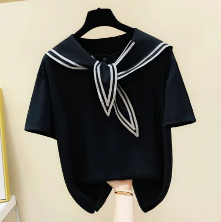 

Рубашка с матросским воротником, женская летняя футболка с коротким рукавом, Повседневная модная черная футболка, женские топы, футболка дл...