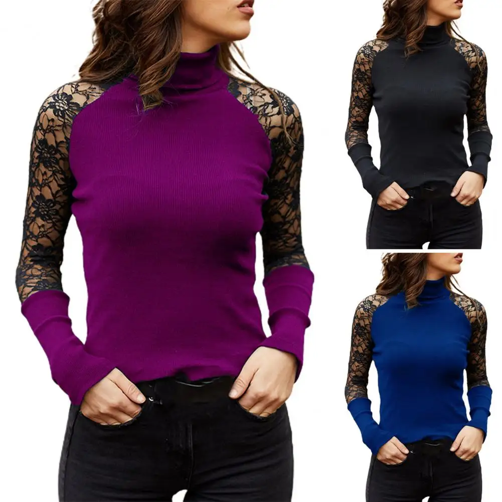 

Woman Shirts Tops Sexy Mock Neck Lace Stitching Solid Color Pit Strip Pullover Blouse Top Female Clothing Plus Size 5 Colors