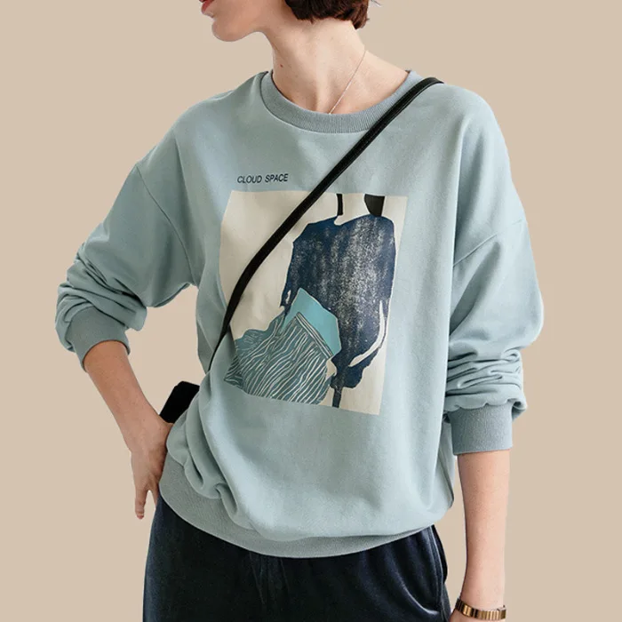 Весна и осень Повседневный стиль синий свободный крой женский свитер с круглым