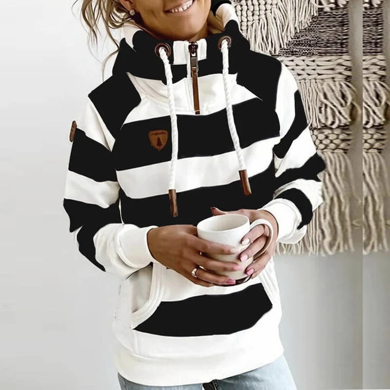 

Spring Sweatshirt New Fashion Tops Hooded Stripe Casual Women's Clothing Round-Neck Comfortable Soft Pocket Female Pullovers