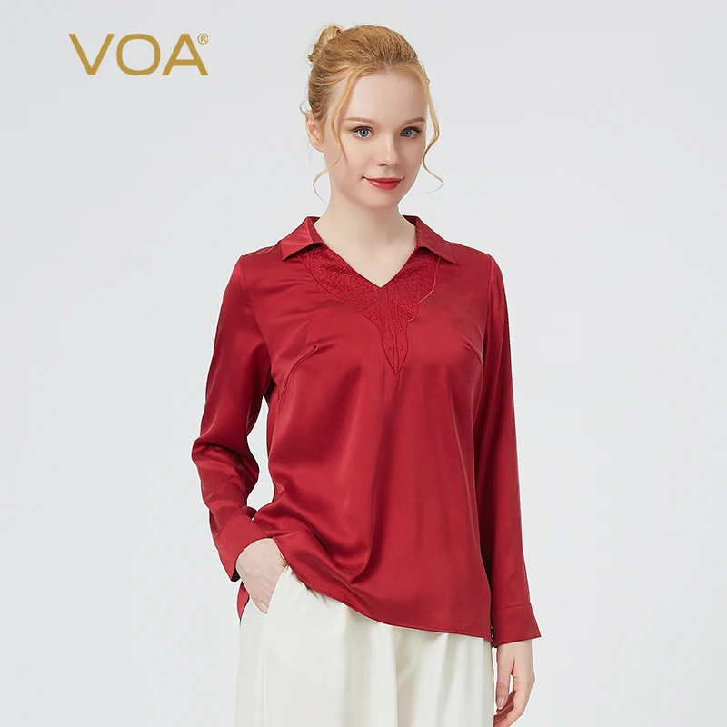 Атласная футболка VOA с отложным воротником вышивкой плиссированная длинным