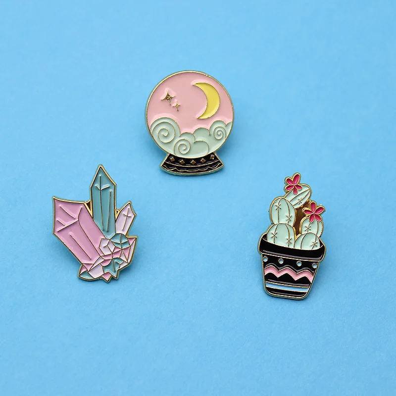 Cactus Succulent plants Enamel Brooch stars moon auspicious clouds Glass ball Lapel Pin Pink blue crystal badge Gifts | Украшения и