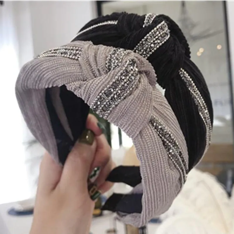 

Rhinestones Chains Decorated Hairbands Headbands for Women Solid Striped Velvet Head Band Adults Winter Headdress Hair Band