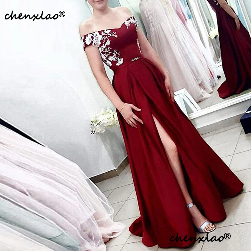 Новые красные вечерние платья с открытыми плечами атласная Кружевная аппликация