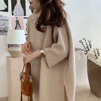 women knitted turtleneck sweater autumn winter tops solid oversized batwing sweater loose jumper three quarter sleeve pullover