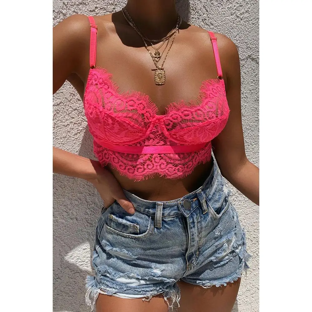 Sexy New 2020 Eyelash Lace Bralette Summer Crop Tops Solid Spaghetti Strap Vest Patchwork Mesh Hollow Out Cropped | Женская одежда