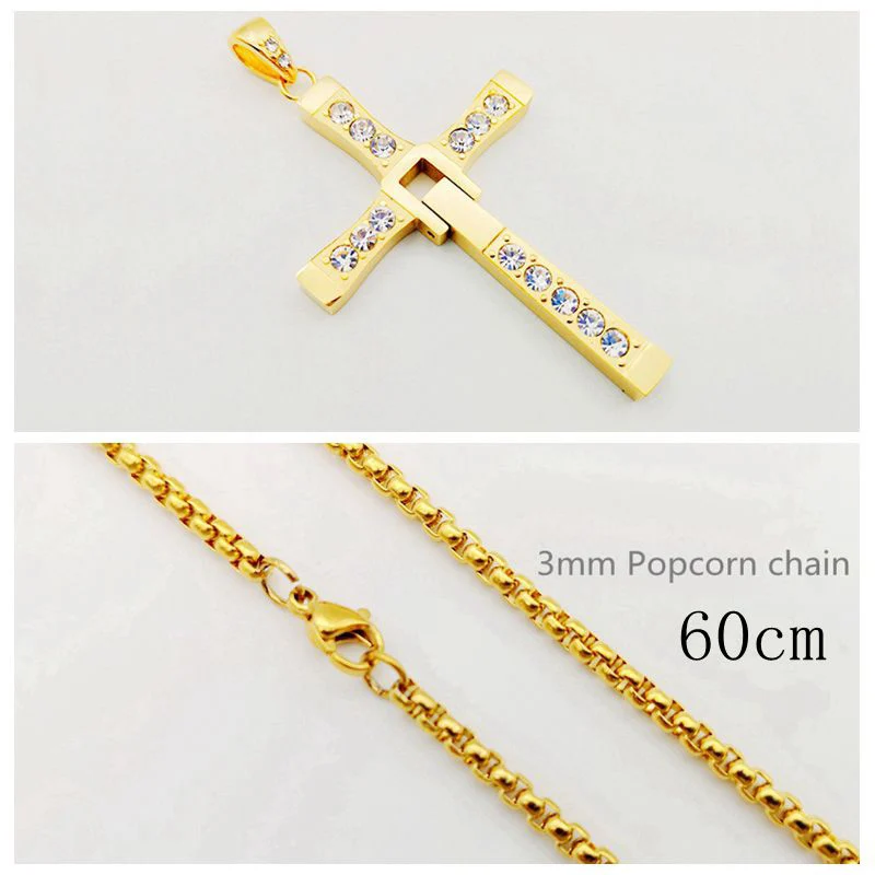 Gold popcorn 60cm Новые Форсаж(Fast furious 8 в стиле «хип-хоп» ожерелье кулон крест Доминика Торетто Топ 316 из нержавеющей стали с кристальная подвеска для мужчин CAGF0128 - Окраска металла: Gold popcorn 60cm