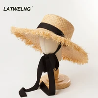 fashion ribbon girl sun hat 52cm head size kids summer beach hats women raffia uv hats 57 head size nh401