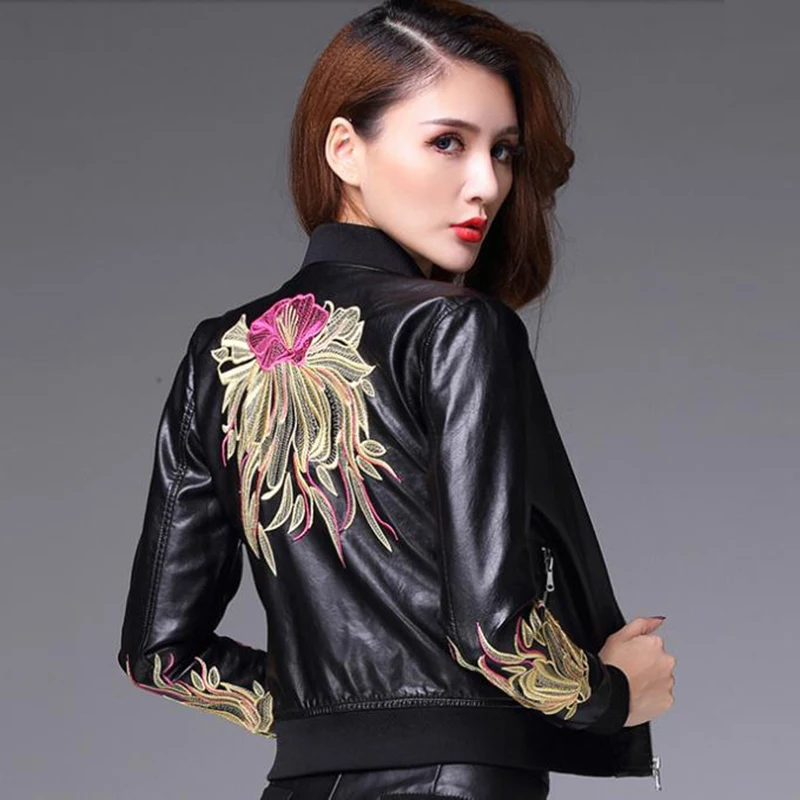 Fad New Spring Autumn Embroidery Fit Short Sheepskin Leather Jackets Coat Fashion Genuine Leather Jacket Women A044