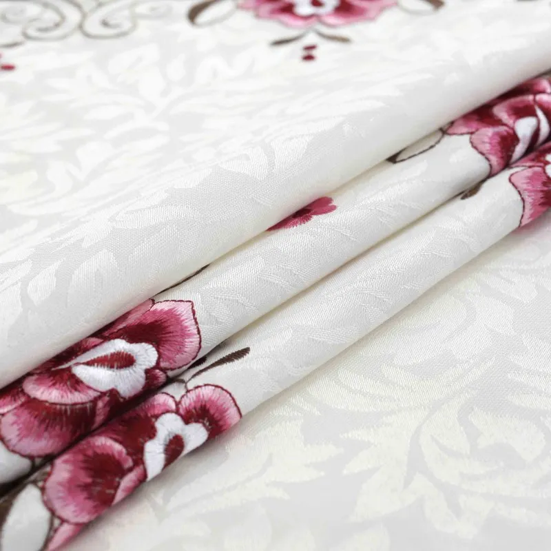 

Cream Satin Jacquard Fabric Dining Tablecloth Handmade Cutwork Floral Embroidered Rectangular Table Cloths Cover Cushion Cover