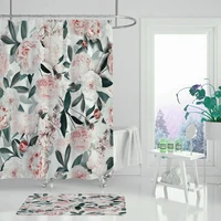 green various shapes of branches and green leaves waterproof eco friendcy bathroom shower curtain and non slip floor mat set