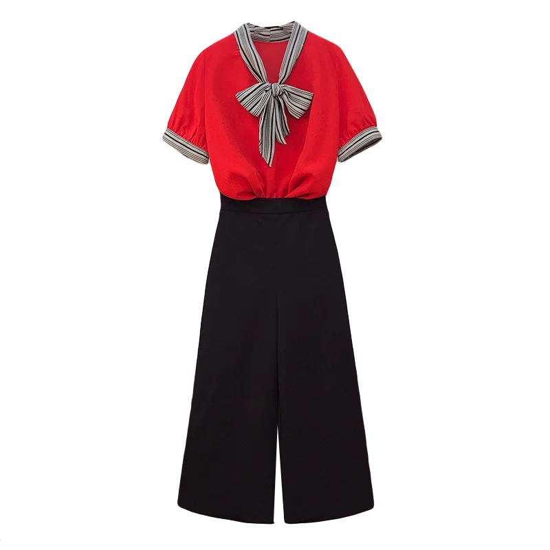 

2021 New Hit Summer Two-piece Sets For Women Short Sleeves Patchwork Shirt + Black Wide Leg Pants Ladies Suits Female Clothing