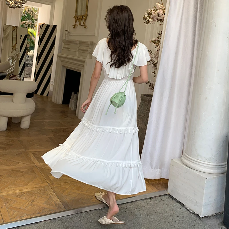 

Summer 2021 Runway Elegant Ruffle Fringe Party Night Dress Long Boho Vacation Beach Dress Korean Maxi White Vintage Women Dress