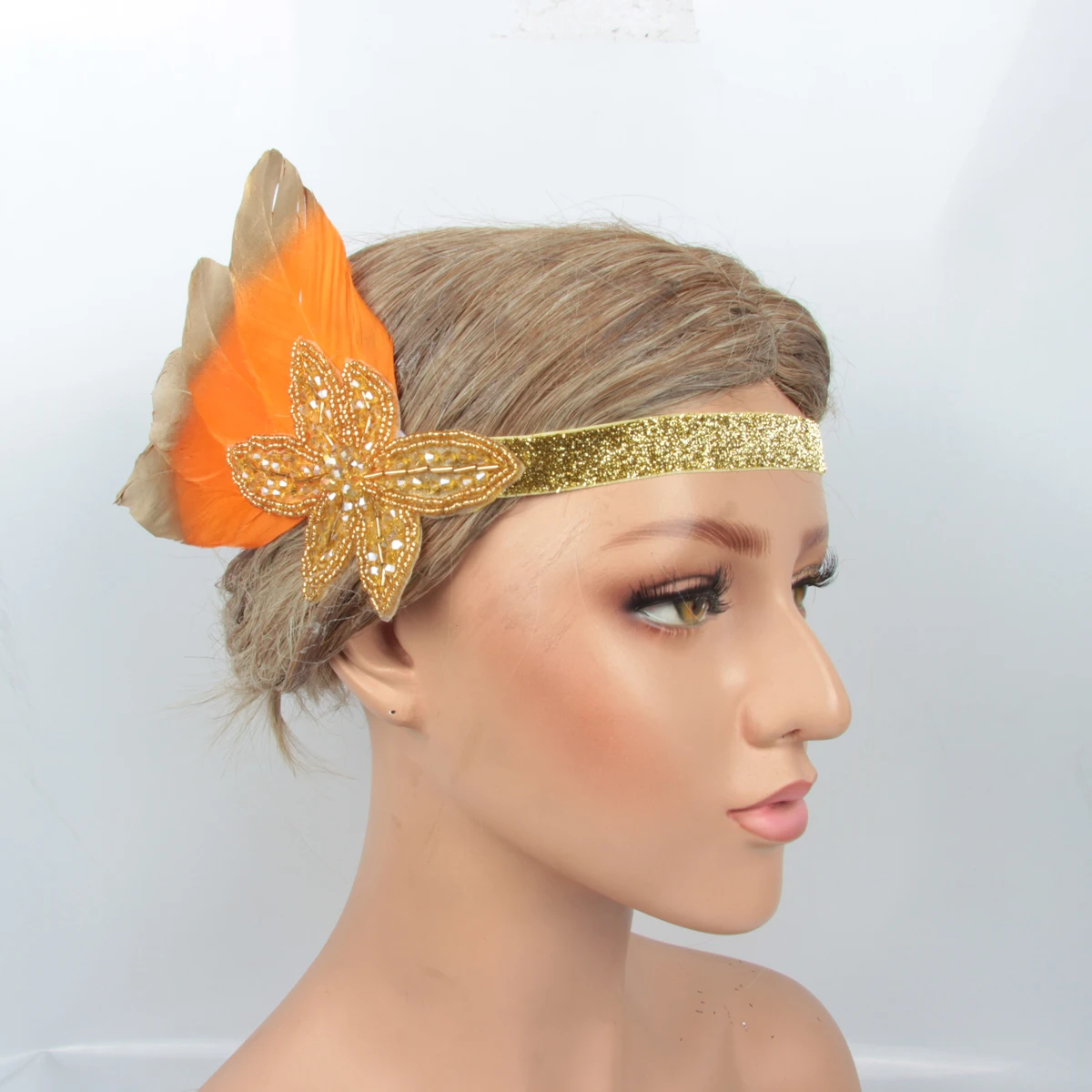 

1920s Hair Accessories Gold Crystal Applique For Costume Party Yellow Feather Headpiece For Women Orginal Handmade
