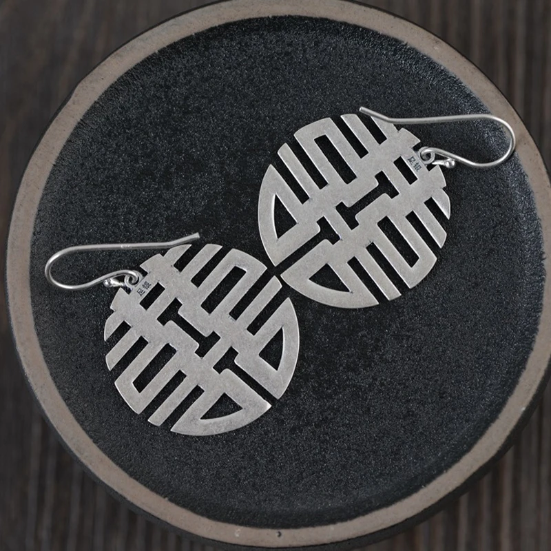 

FNJ Matte Lucky Earrings 925 Silver Original Pure S925 Sterling Silver Drop Earring for Women Jewelry Good Lucky Chinese Xi