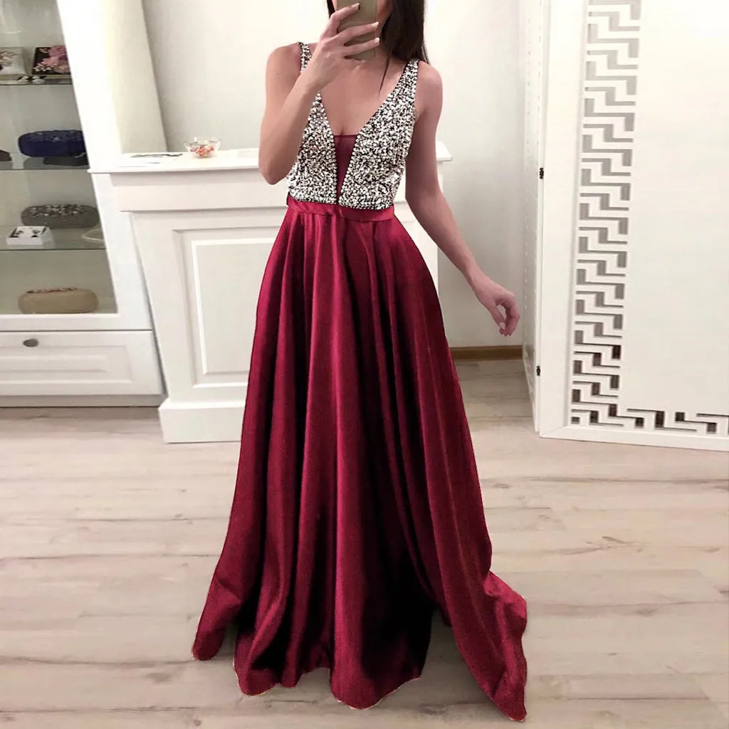 Элегантные модные Sequins вечерние платье для женщин модная с v-образным вырезом