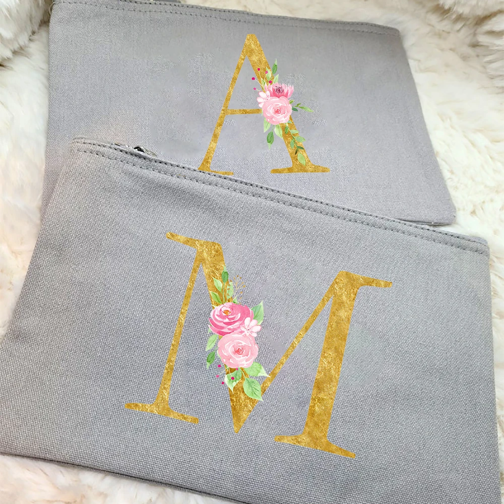 

Gold Alphabet Flowers Women Canvas Cosmetic Tote Cases Bags Fashion Make Up Purse Toiletry Handbag Organizer Female Best Gift