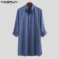 incerun men shirt solid color stand collar long loose vintage casual tops indian clothes camisa sleeve men long shirts 2021 5xl