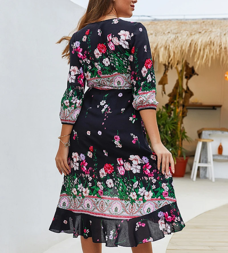 

Loose Boho Floral Printed Women Dresses Sexy V-Neck Three Quarter Sleeve Spilt Out Beach Dresses Vestidos W180