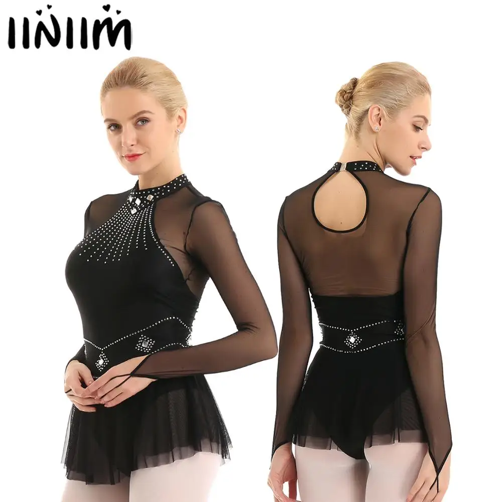 

Womens Shiny Figure sSkating Latin Dance Dress Long Sleeve with Fingertip Mesh Splice Leotard Roller Ice Skating Dress Costume