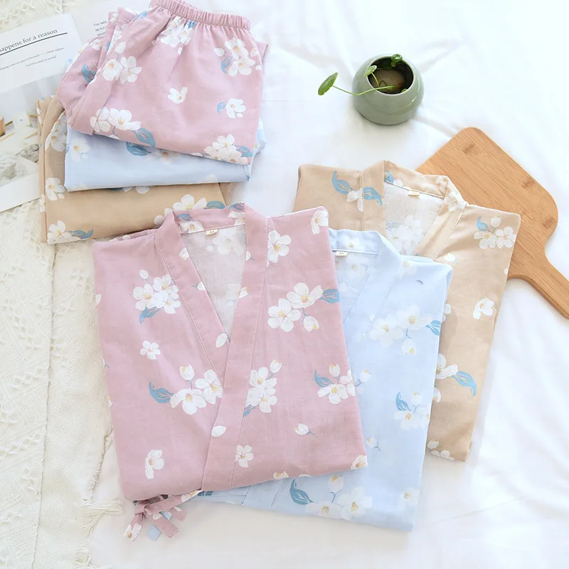 

Japanese Kimono Pajamas Suit Ladies Autumn and Summer Thin Cotton Pajama Set Gauze Cherry Blossom Three-quarter Sleeve Loose