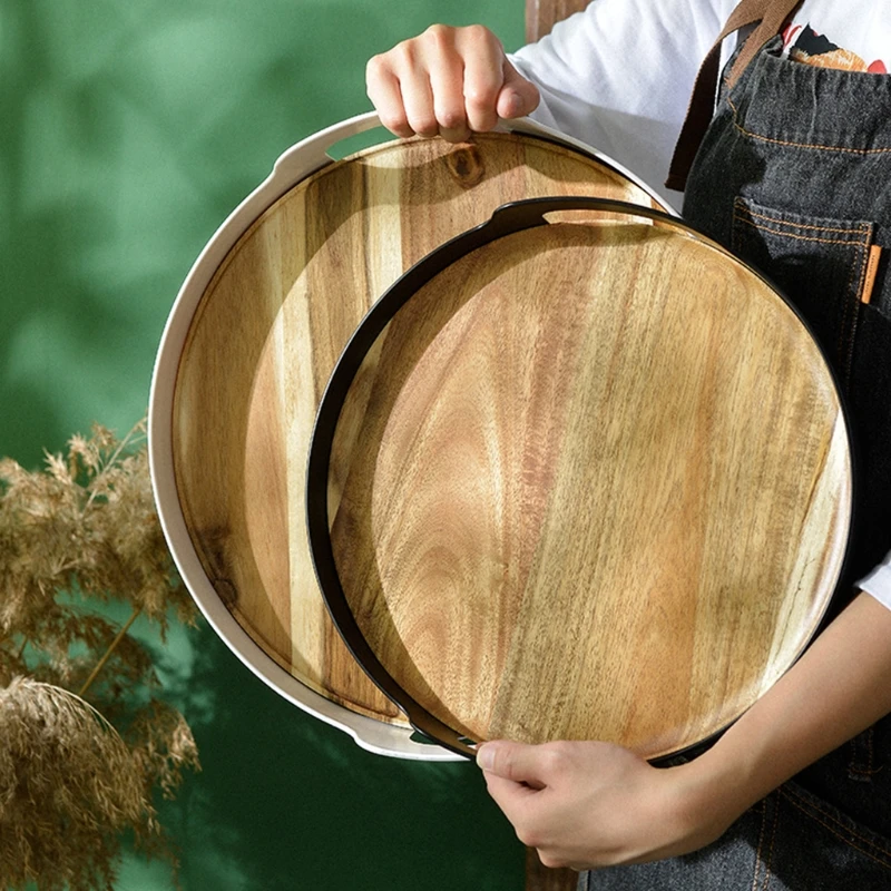 2 в 1 Круглый съемный деревянный поднос с пластиковыми ручками |