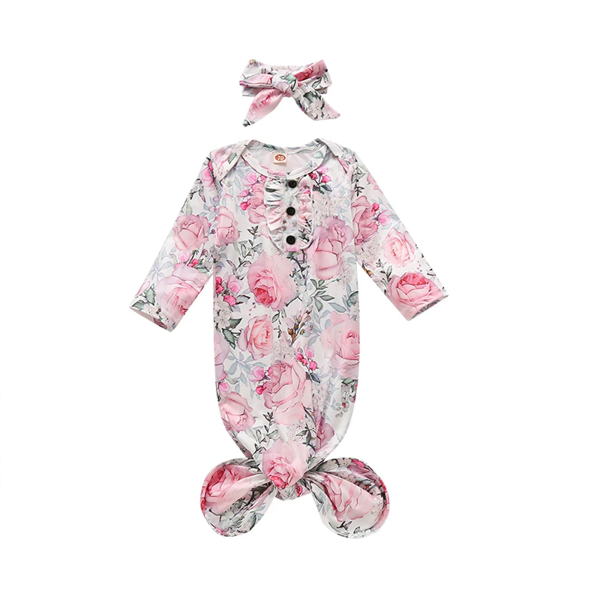 

0-6M Newborn Baby Girls Boys Sleeping Bags Sleepwear Nightgown Floral Print Romper+Headband Set