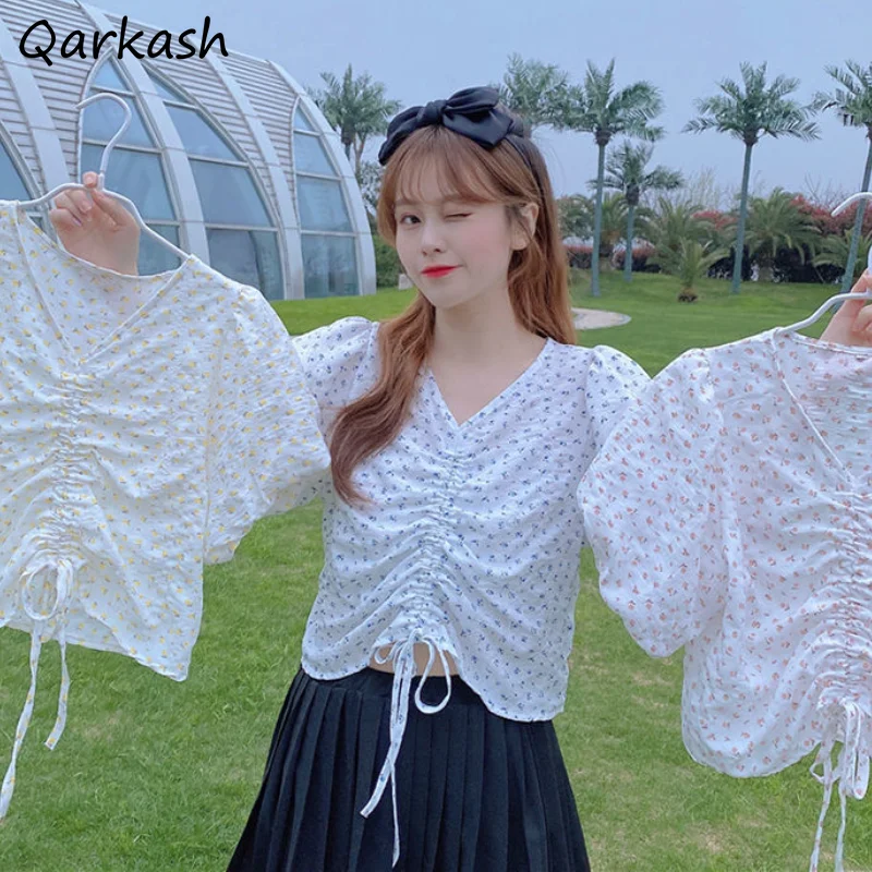 

Blouses Women Bandage Design Femme New Sweetie Ulzzang Summer College Puff Sleeve Tender Ins Chic Blusas Casual Crops Teens Tops