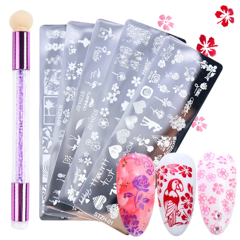 

Geometry DIY Template Nail Stamping Plates Set Art Nail Template Silicone Sponge Brush Polish Transfer Stencils Flower For Nail