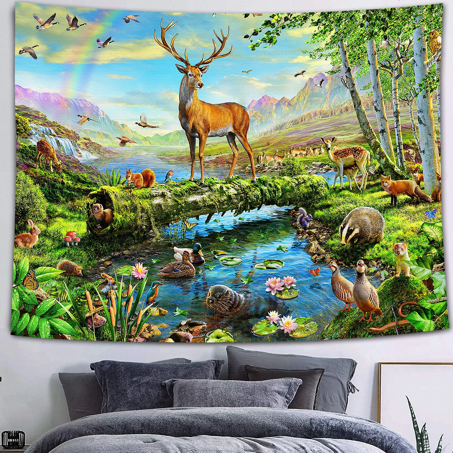 Simsant Wild Animal Tapestry Forest Tiger Deer Parrot Mountain Natural Landscape Wall Hanging Mexican Skull Tapestry for Dorm