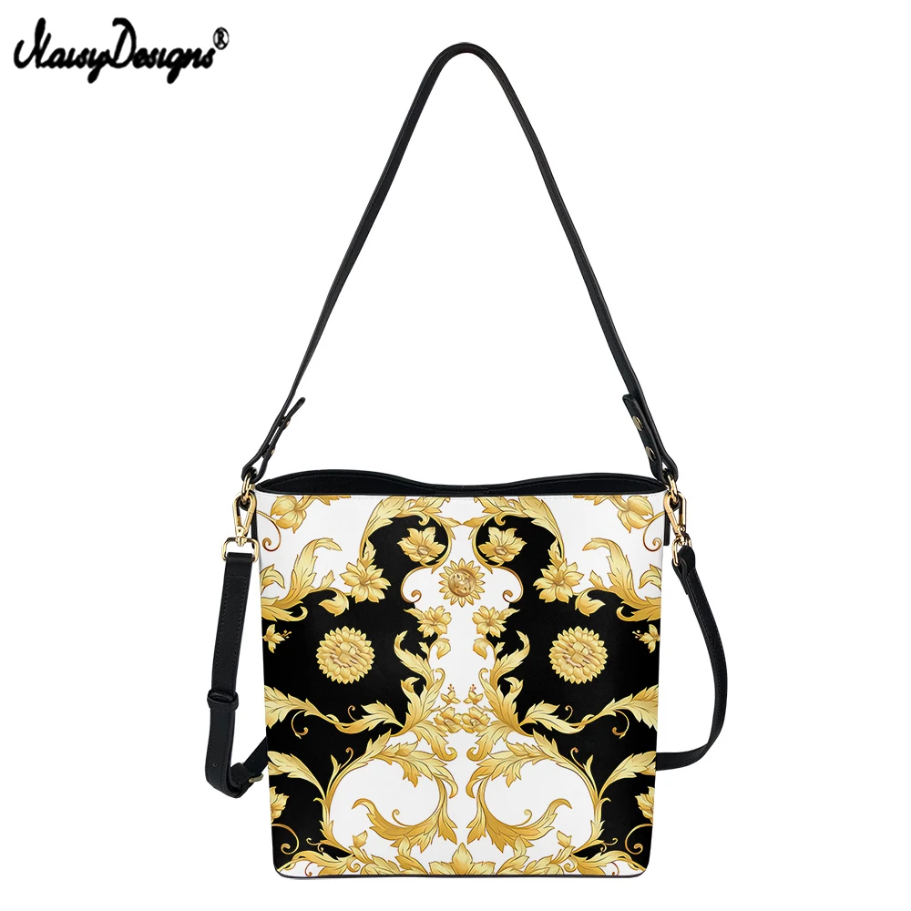 

Роскошная женская сумка-мешок из искусственной кожи с золотым узором