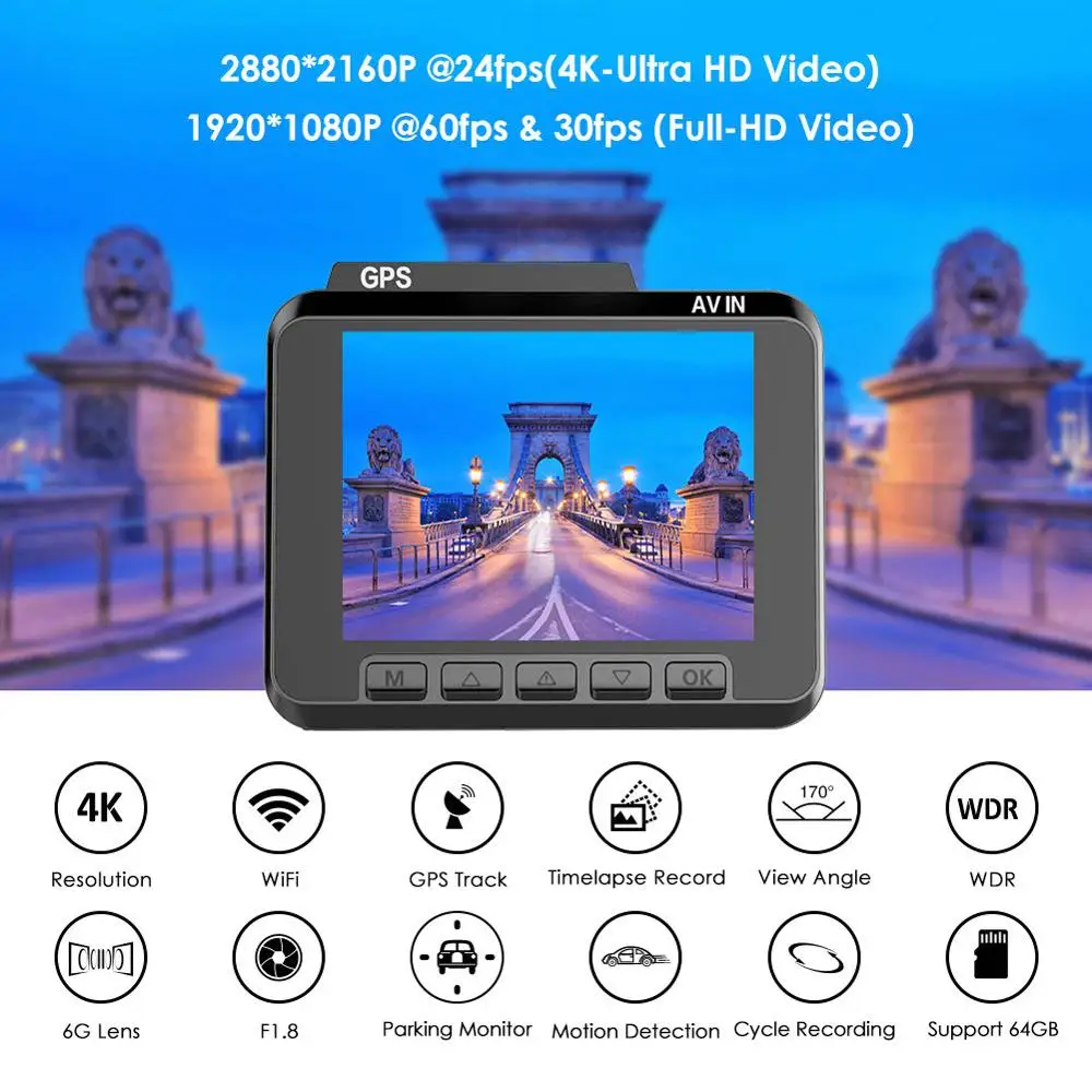 AZDOME M06 Dash Cam 4K 2160P Скорость и координаты GPS ADAS Camera Двойной объектив Автомобильная
