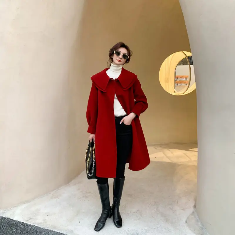 

Women 2021 Autumn Winter Vintage Cashmere Long Coat Jackets Wool Overcoat Female Warm Casual Outwear Loose Woolen Coats Z512