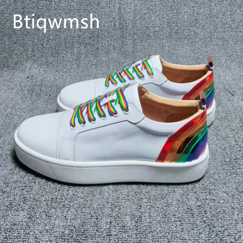 

Rainbow White Leather Sneakers Man Pointed Toe Soft Real Leather Lace Up Flat Shoes Men Fashion Loafer Shoes