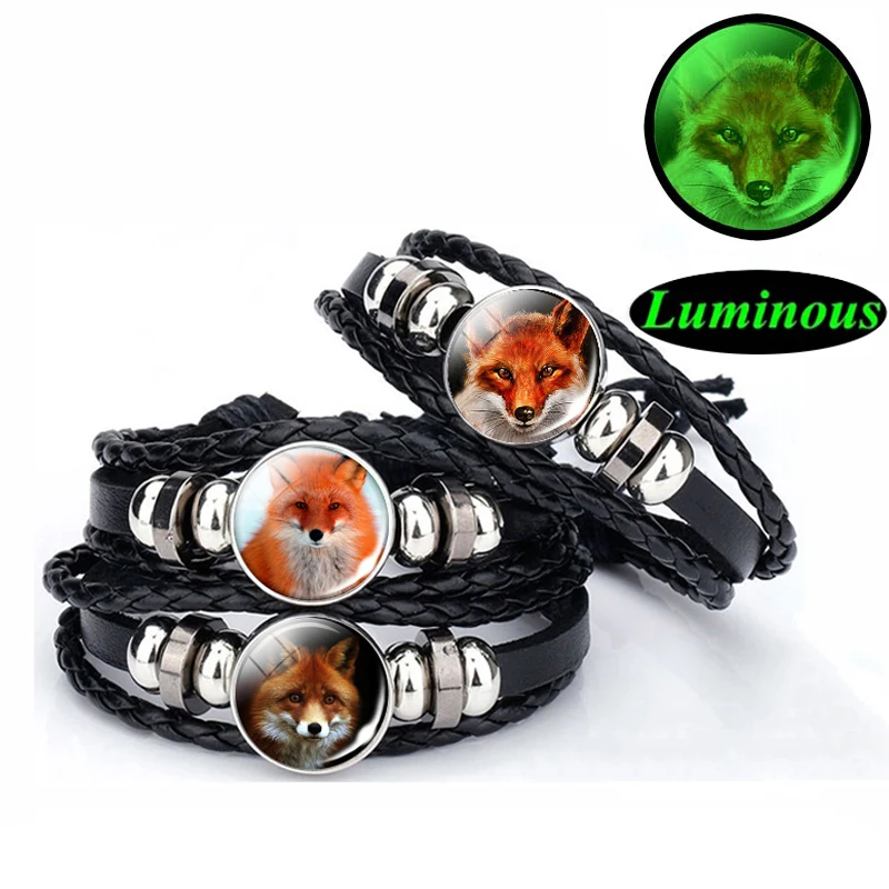 

Luminous Red Fox Black Leather Woven Bracelet Animal Fox Glass Cabochon Jewelry Bangle Men Women Fashion Glowing Bracelet Gifts