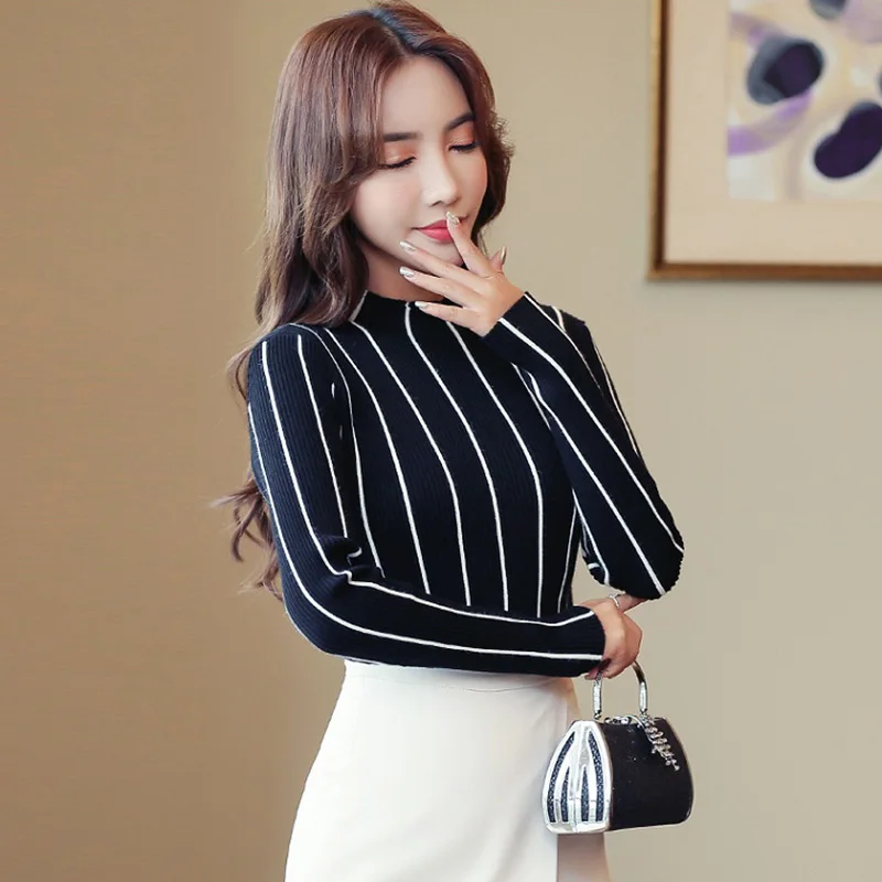 

2019 Business winter Autumn clothes New Slim Half Turtleneck Stripe Knitted Dress Shirt Sweater Women Female Cloth for girl Lady