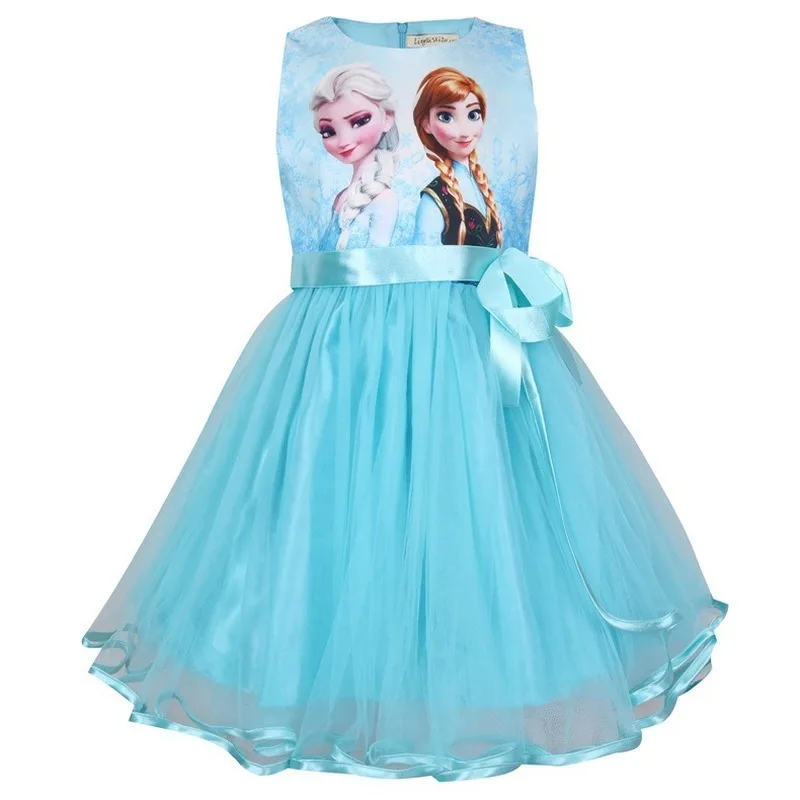 2~9 Years Spring Autumn Summer Disney Frozen Elsa Anna Cartoon Print Child Girl Sleeveless Princess Dress Pink Blue Bow Net Yarn
