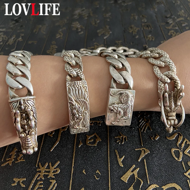 Белый латунный 12 зодиакальная головка дракона браслет ретро медный панк хип-хоп