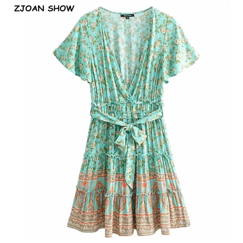 Женское богемное мини платье короткое пляжное с цветочным принтом V образным