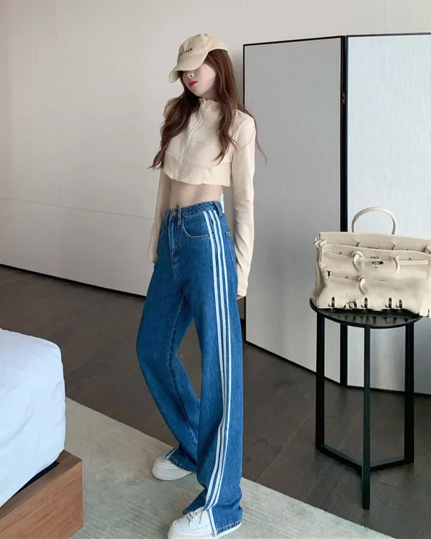 

Синие джинсы женские прямые Свободные Новинка весна-осень 2021 полосатые брюки с разрезом и шваброй в Корейском стиле широкие брюки с высокой...