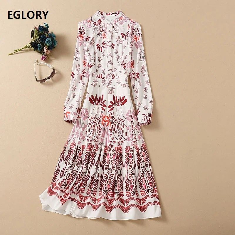 

2020 Autumn Fashion Print Dress High Quality Designer Women Abstract Print Patterns Long Sleeve Mid-Calf Length Pleated Dress