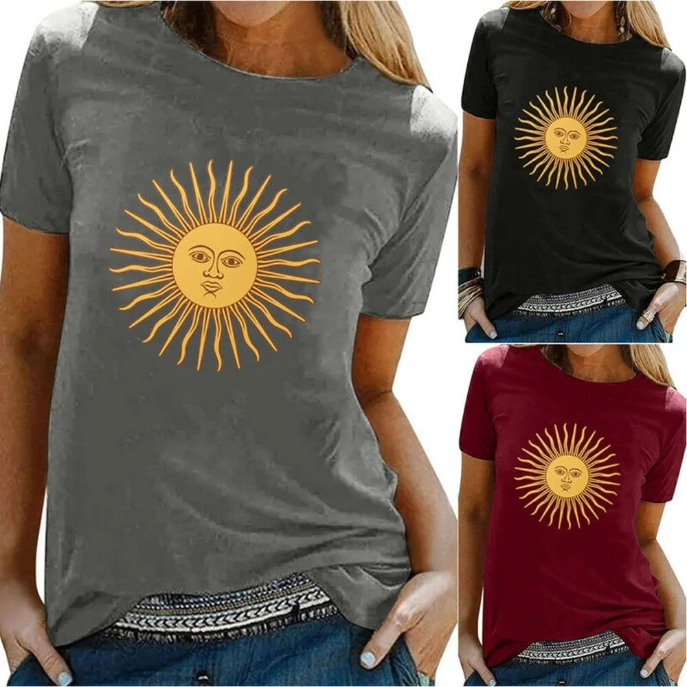 

Womens Ladies Crew Neck Casual Short Sleeve Sun Print T-Shirt Summer Tops Tee UK