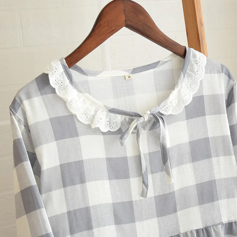 Женская двухслойная газовая ночная рубашка простая Ночная в клетку с длинным