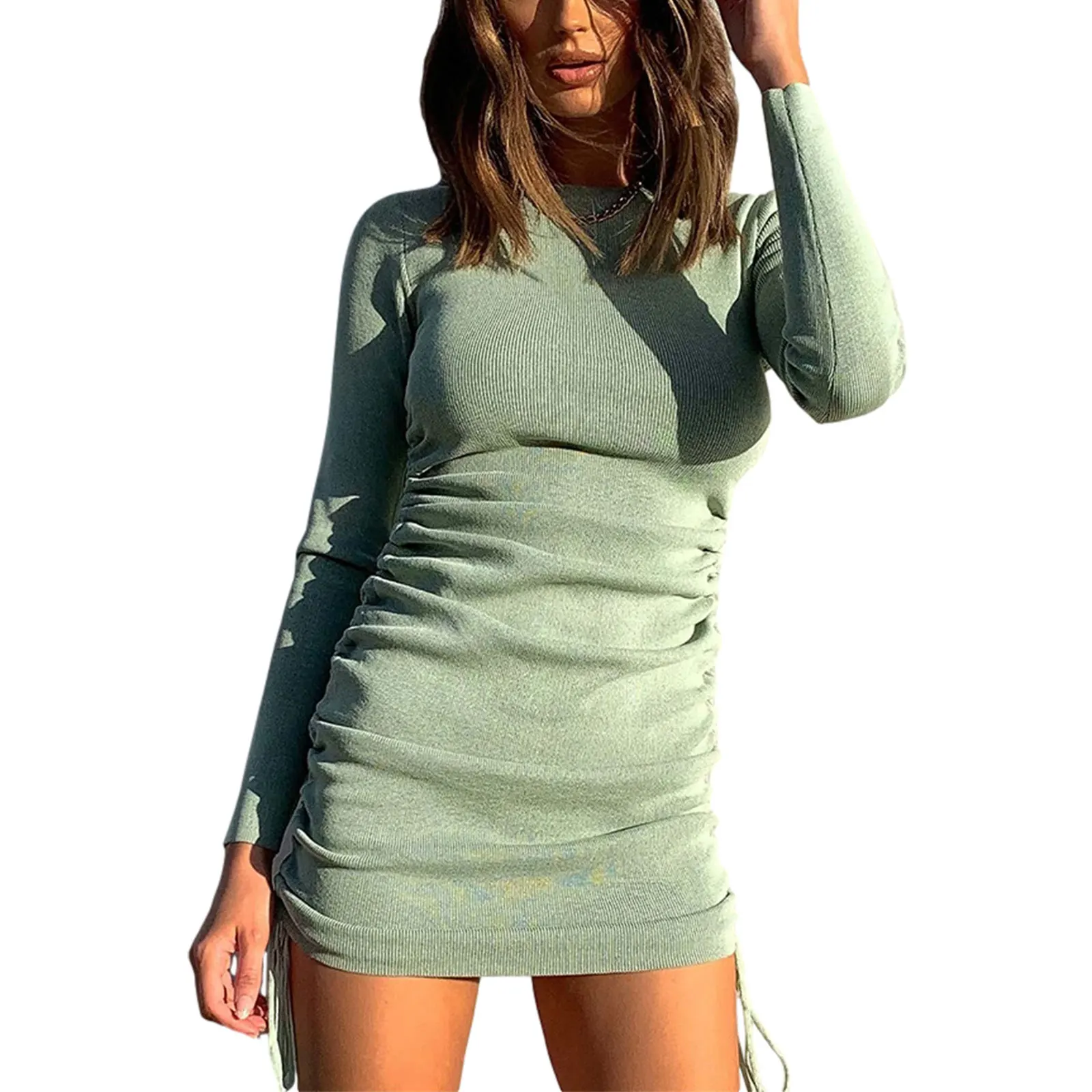 

Womem Autumn and Winter Long-Sleeved Sexy Ruffled Dress Adult Solid Color Long-Sleeved High-Waist Round Neck Drawstring Dress