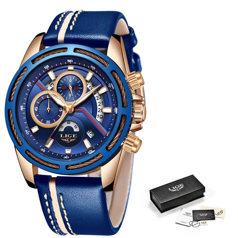 Новые LIGE мужские часы Топ бренд класса люкс синие военные спортивные кожаные