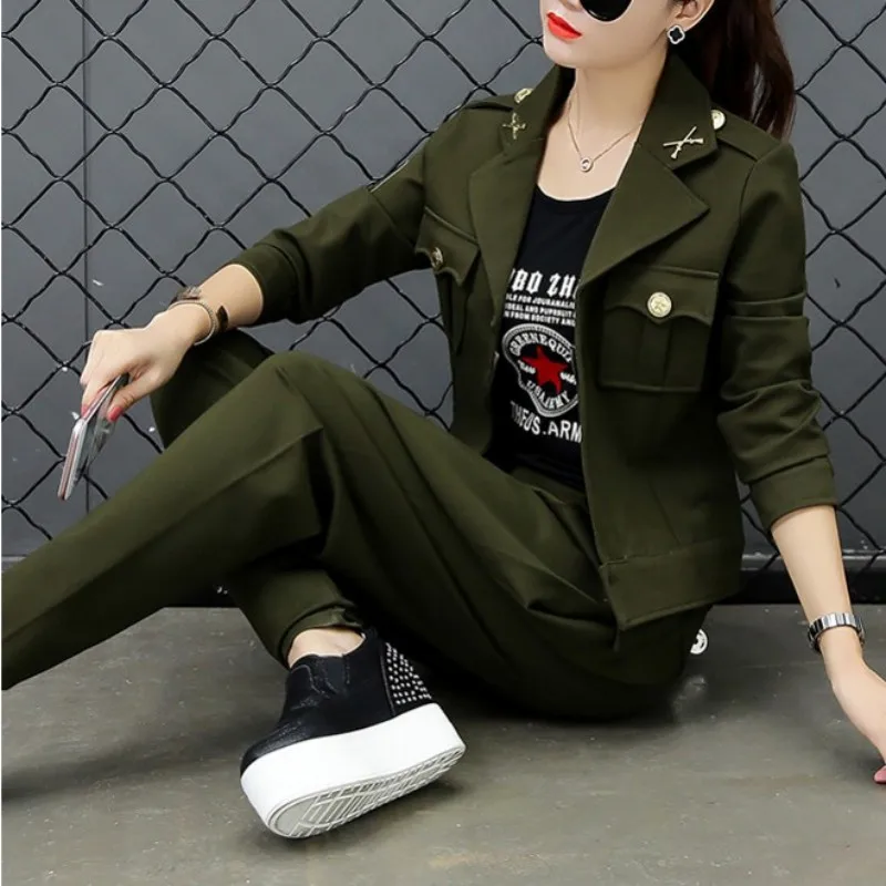Женский армейский зеленый пиджак с лацканами и брюки султанки комплект из 3