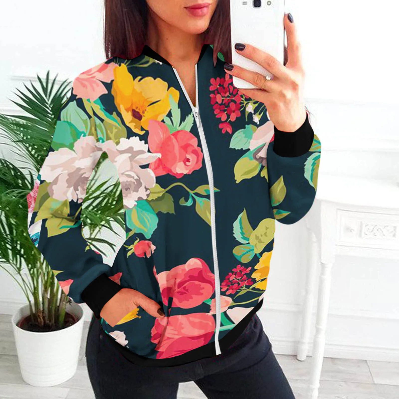 

Women's Retro Bohemian Floral Printing Zipper Up Jacket Casual Vintage Elegant Harajuku Tops Coat Outwear Corta Vento Feminina 4
