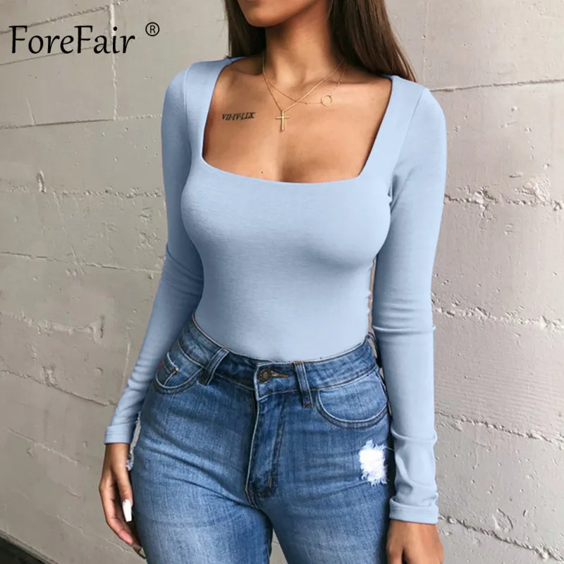 Forefair, длинный рукав, сексуальный боди для женщин, зима, базовые Топы, квадратный вырез, тонкий, черный, белый, желтый, однотонный, бодикон, боди - Цвет: Blue Bodysuit